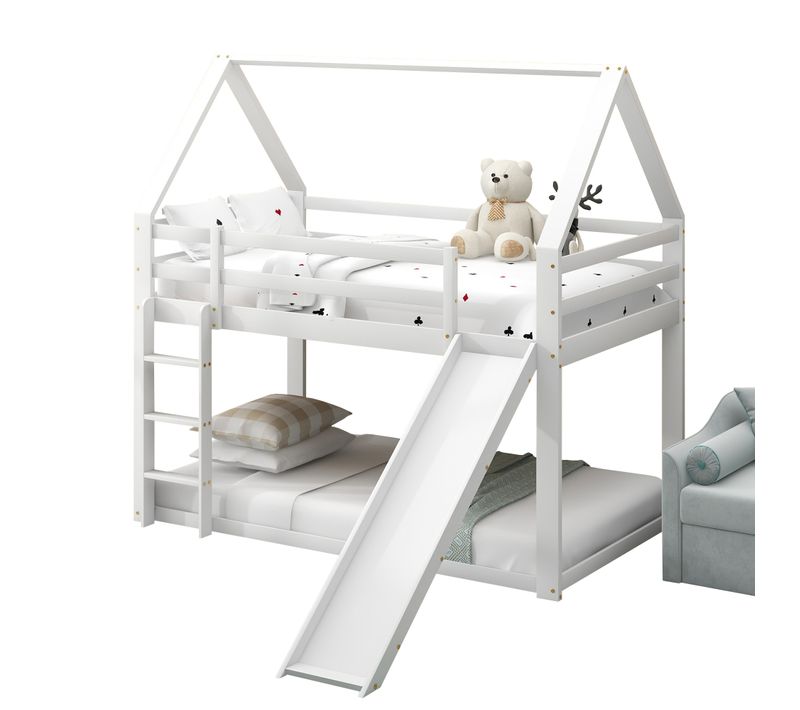 Lit Cabane Superposé 90x200 Cm Avec Toboggan Et échelle, Blanc