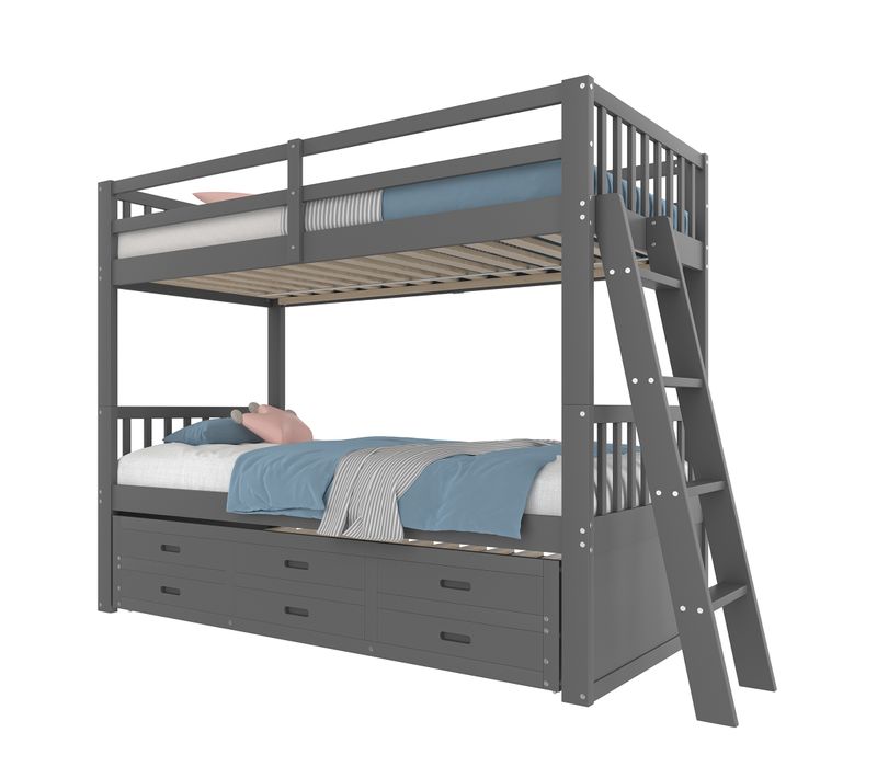 Lit Superposé Enfant 90x200 Cm Avec Lit Gigogne Et 3 Tiroirs, Gris