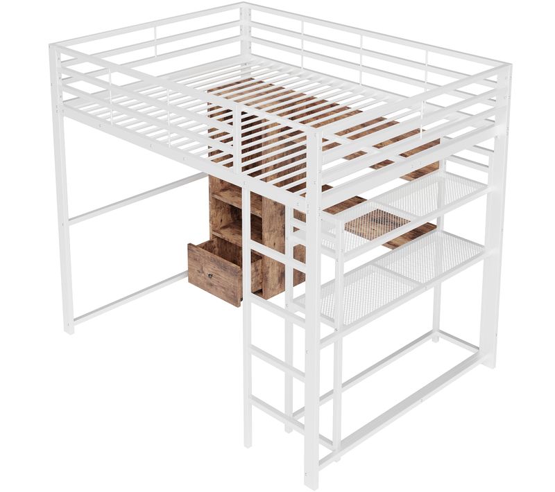 Lit Mezzanine 140x200 Cm Métal Avec LED, Bureau, Tiroir Et étagères, Blanc