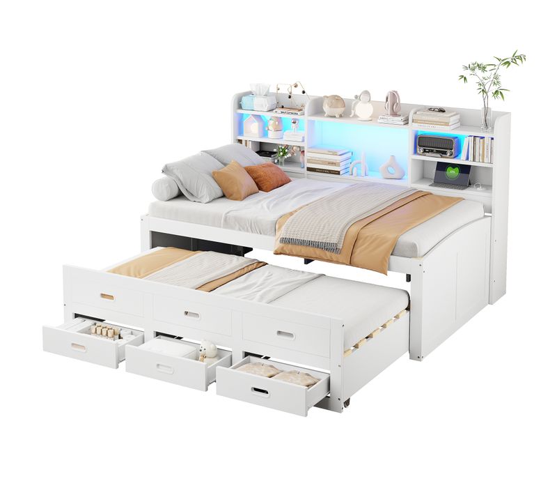 Lit gigogne 90x200 Cm Avec Tiroirs, LED Télécommandée, USB Et Type-c, Blanc