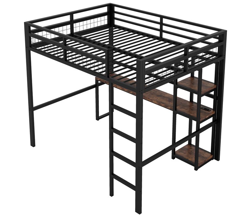 Lit Mezzanine 140x200 Cm Métal Avec Bureau, Rangements Et Prises USB Type-c, Noir