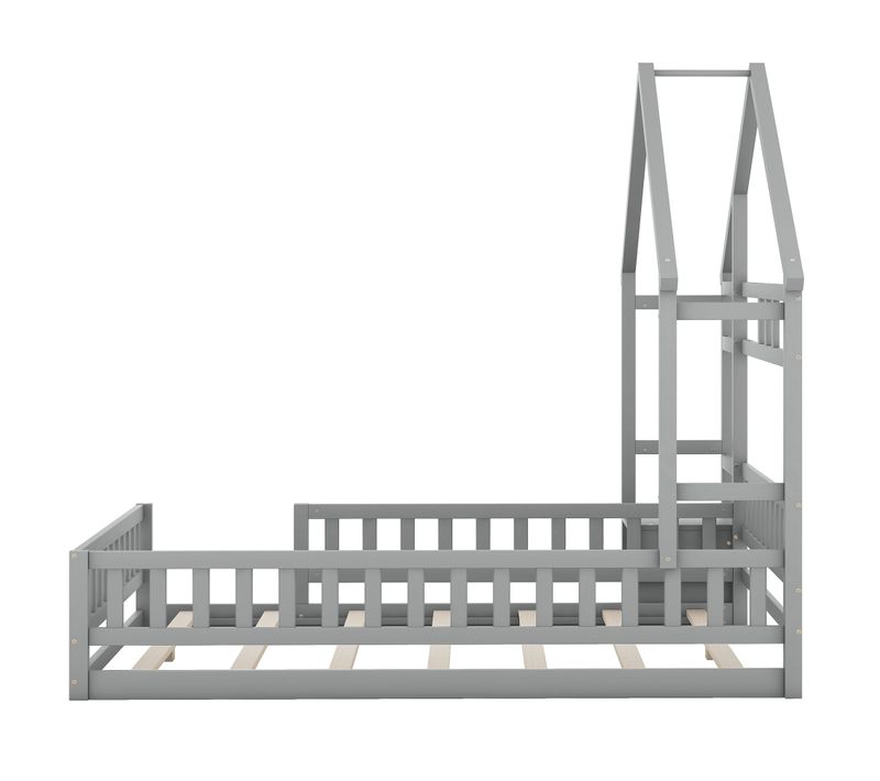 Lit Enfant Maison 140x190 Cm Avec Barrières Et Table De Chevet, Gris