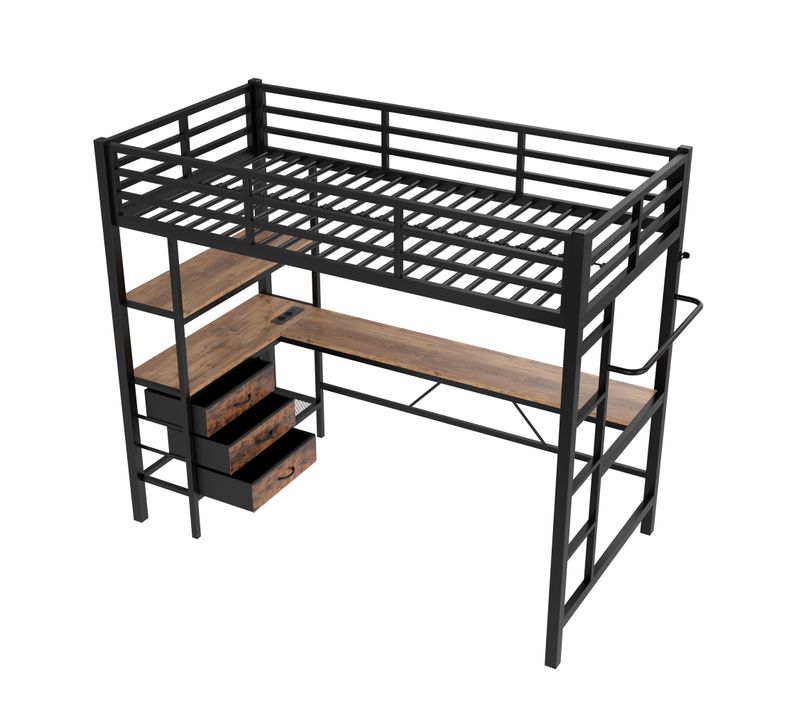 Lit Mezzanine 90x200 Cm Avec LED, Bureau, Rangement Et Prises, Noir