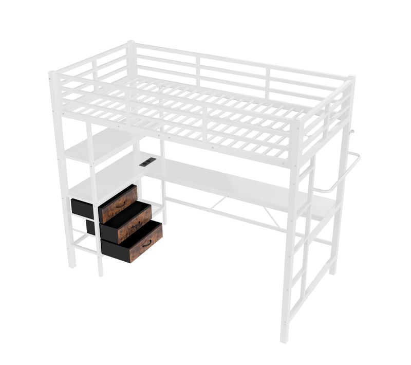 Lit Mezzanine 90x200 Cm Avec LED, Bureau, Rangement Et Prises, Blanc