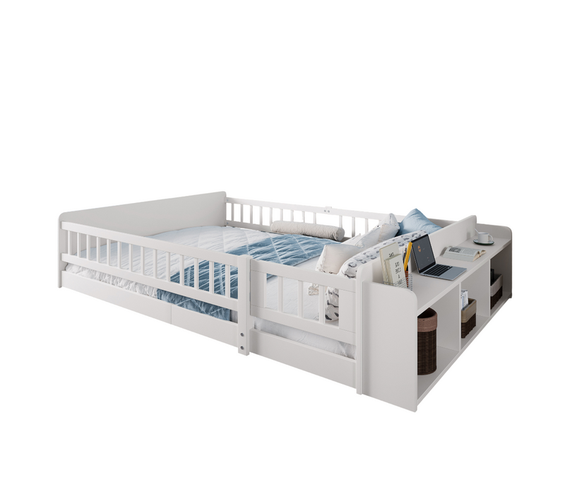 Lit Enfant 140x190 Cm En Bois Blanc Avec Rangements Et Barrière Ouvrable