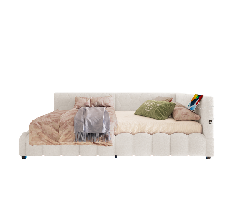 Lit D'appoint 140x200 Cm En Velours Avec LED Multicolore, Rangement Hydraulique, Blanc