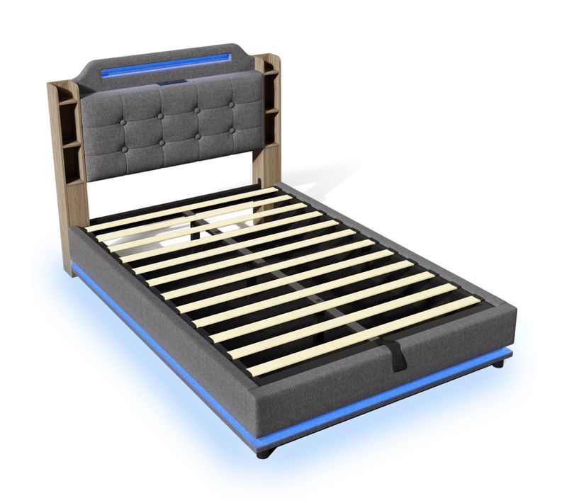 Lit Coffre Lin 140x200 Cm Gris Avec LED, Rangements Et Charge Rapide USB/type-c