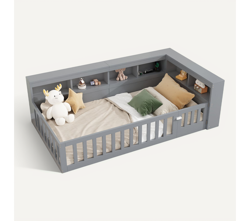 Lit D'appoint 90x200 Cm Gris Avec Rangement, Prises USB Et Barrière Amovible