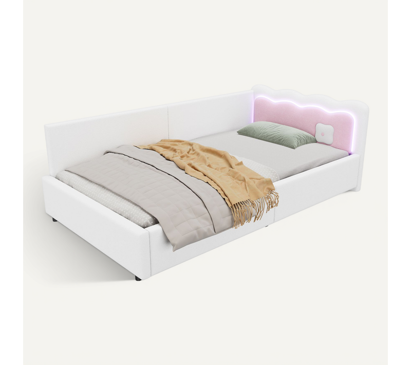 Lit Banquette 90x200 Cm Blanc Avec LED Et Revêtement Doux, Sans Matelas