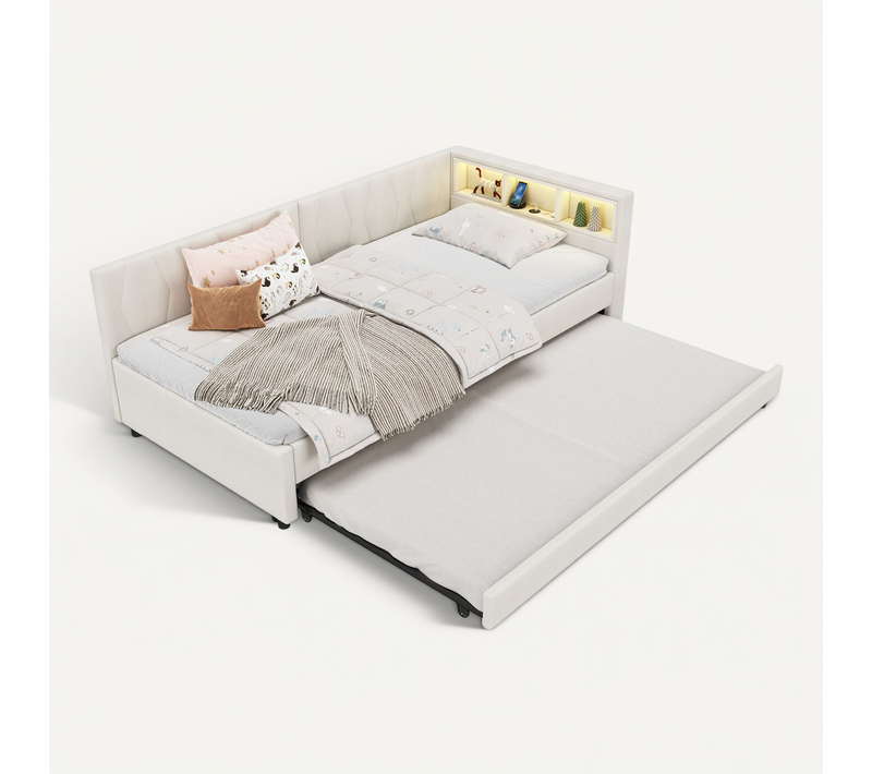 Lit gigogne 90x200 Cm Beige Avec Tiroir, LED, USB Et Étagères Intégrées