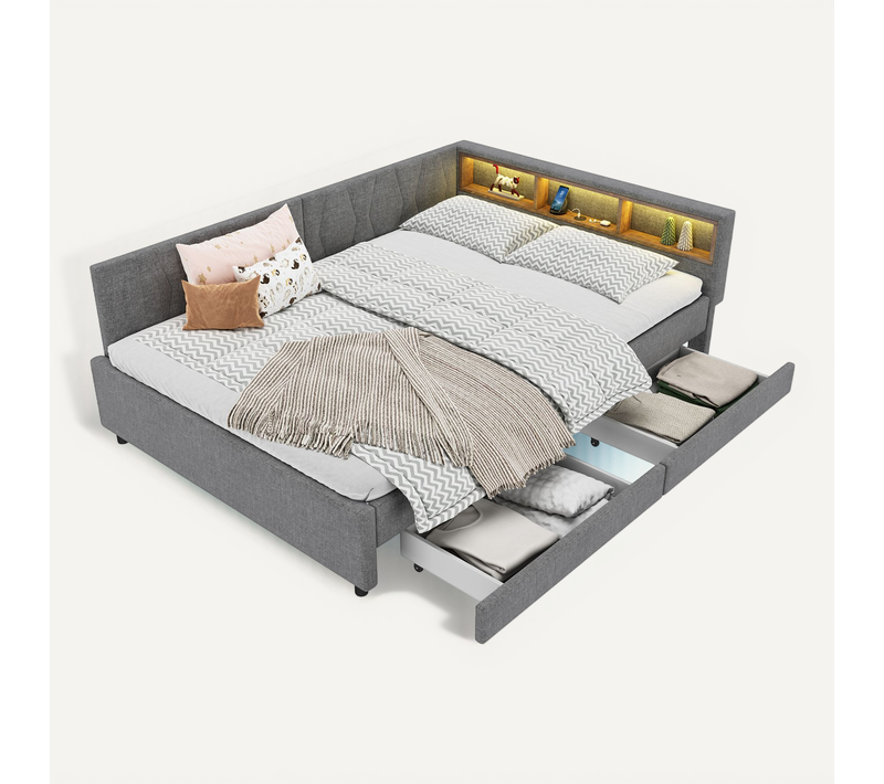 Lit Banquette 140x200 Cm Avec Tiroirs, LED, Ports USB-c Et Rangements, Gris