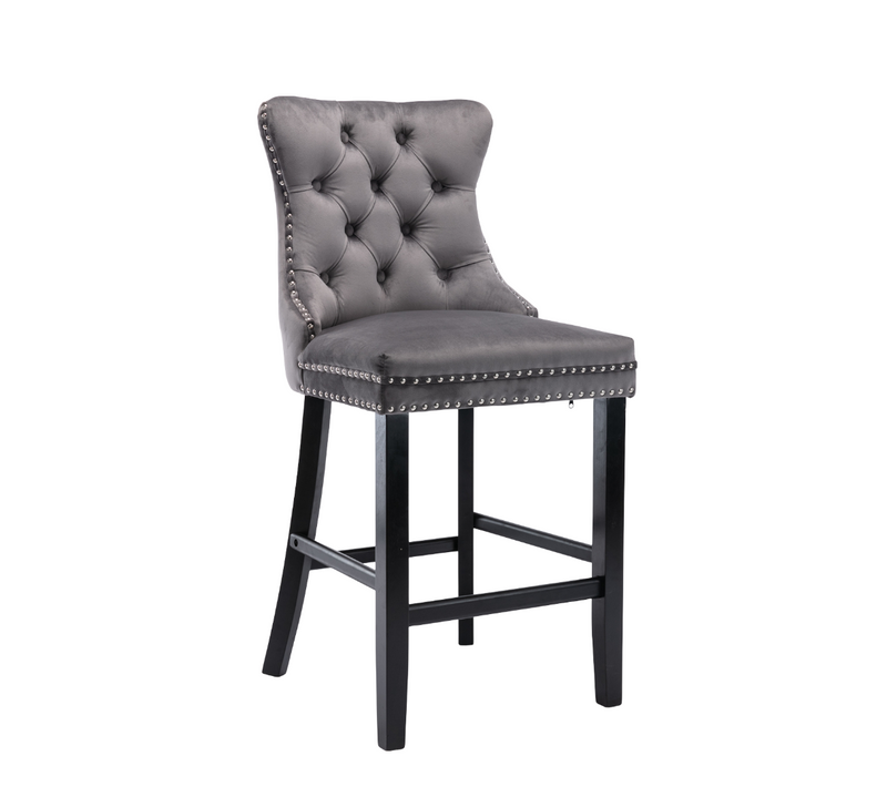 Lot De 2 Tabourets De Bar En Velours Gris Avec Dossier Haut, Pieds Bois Et Clous Décoratifs