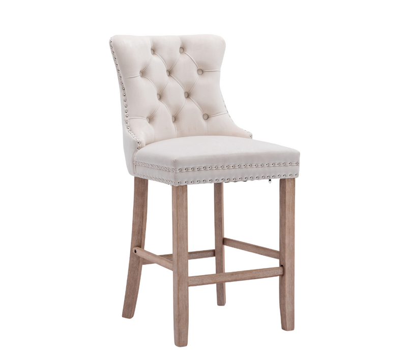 Lot De 2 Tabourets De Bar En Velours Beige Avec Dossier Haut, Pieds Bois Et Clous Décoratifs