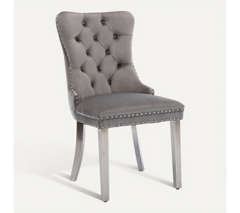 Lot De 2 Chaises De Salle à Manger En Velours Gris Avec Pieds Dorés Et Clous Décoratifs