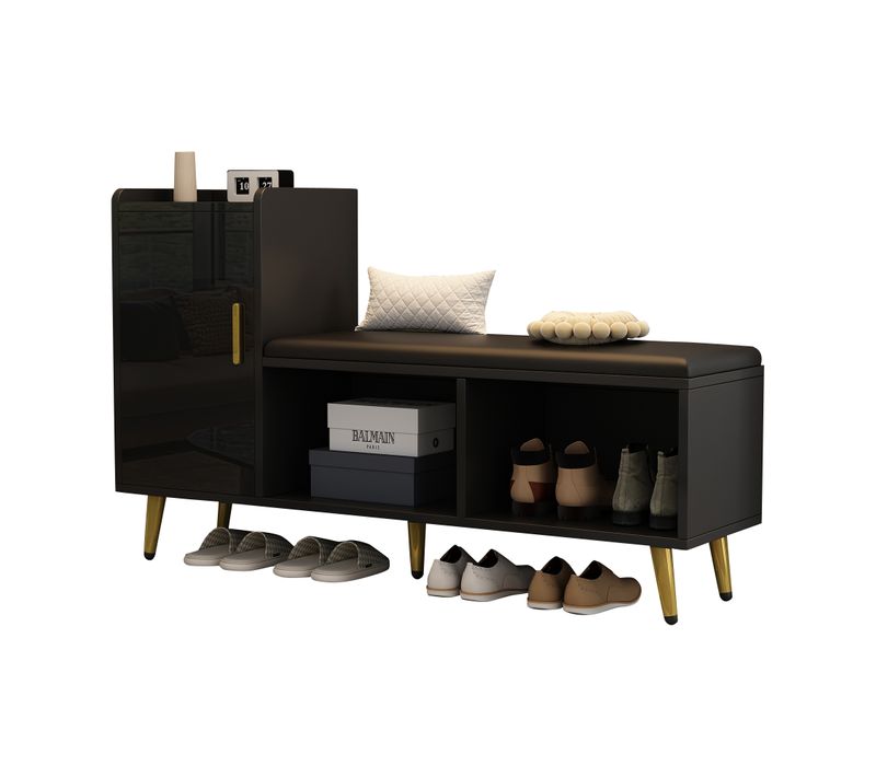 Meuble à Chaussures Noir Laqué Avec Banquette Et Rangements – Éléments Dorés, Pratique Et Élégant