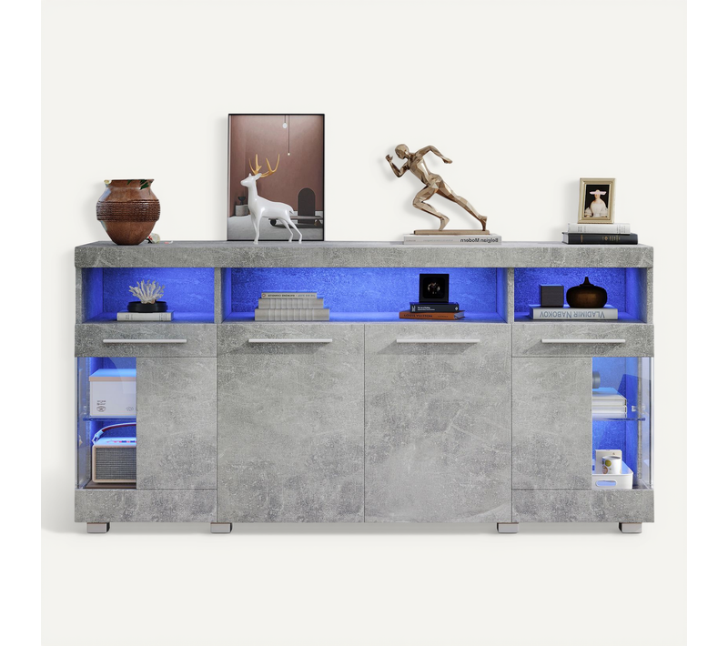 Buffet Bas Gris Ciment 140 Cm Avec LED, 3 Portes Vitrées, Design Brillant