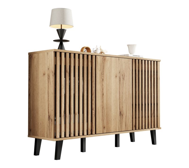 Buffet Large 150 Cm Bois Naturel Avec 3 Portes Et 6 Compartiments, Pieds Noirs