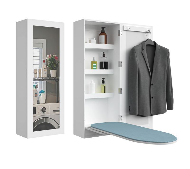 Armoire Murale De Repassage Avec Miroir, Planche Rotative 180°, 3 Rangements, Blanc