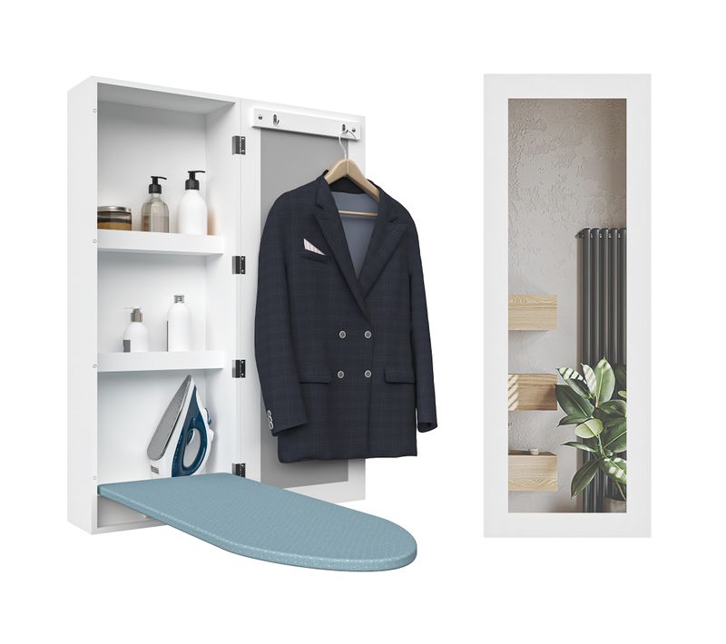 Armoire Murale Avec Planche à Repasser Intégrée Et Miroir, 2 Étagères, Blanc