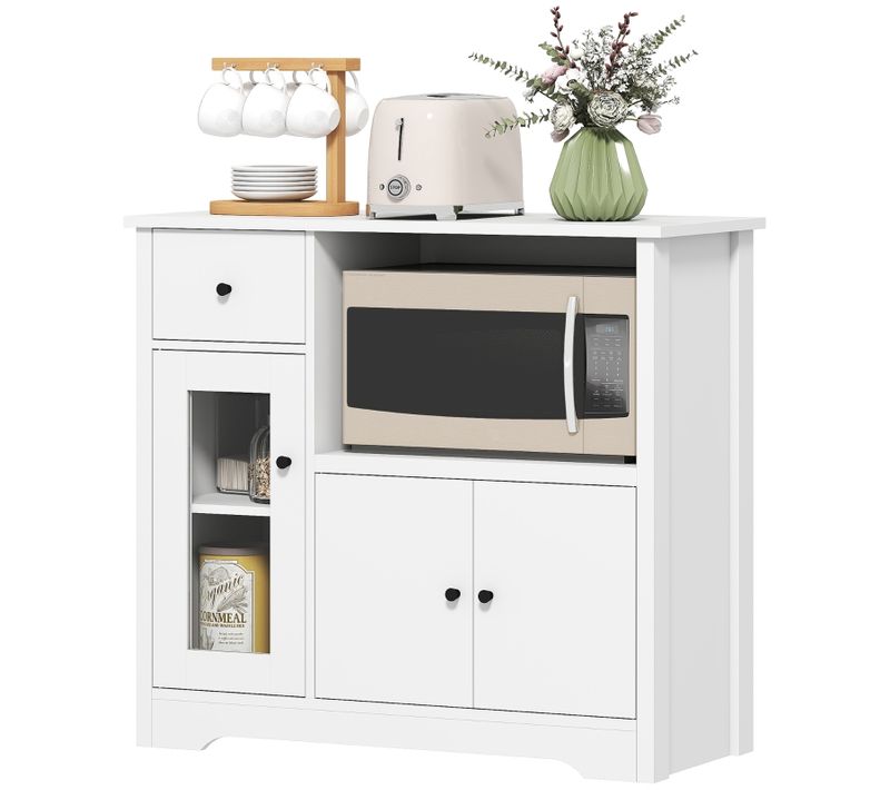 Buffet Micro-ondes Blanc Avec 3 Portes, Tiroir Et Étagères Réglables, 80 cm