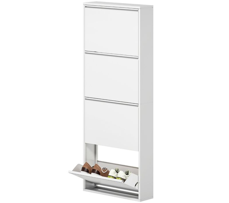 Meuble à Chaussures Mural Métal 4 Abattants, Rangement Fin Pour 8 Paires, Blanc