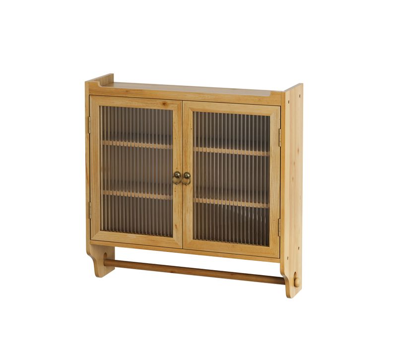 Armoire Murale Vintage 2 Portes En Verre Cannelé, 3 Niveaux, Porte-serviettes, Bois Naturel