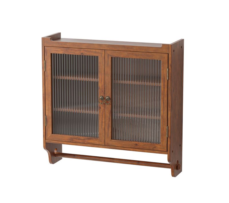Armoire Murale Vintage 2 Portes En Verre Cannelé, 3 Niveaux, Porte-serviettes, Marron