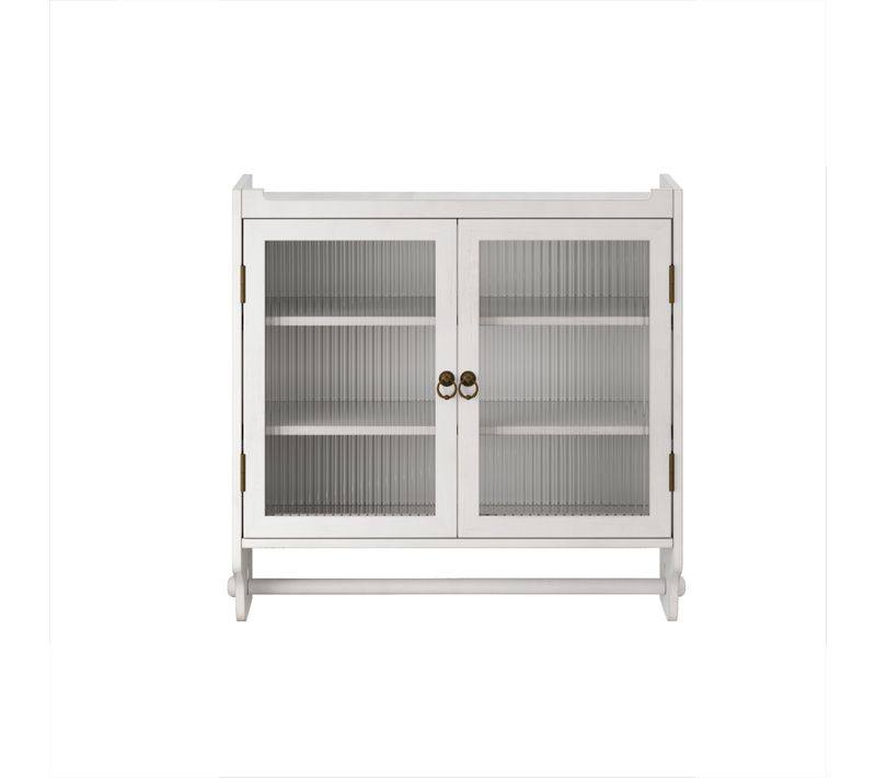 Armoire Murale Vintage 2 Portes En Verre Cannelé, 3 Niveaux, Porte-serviettes, Blanc