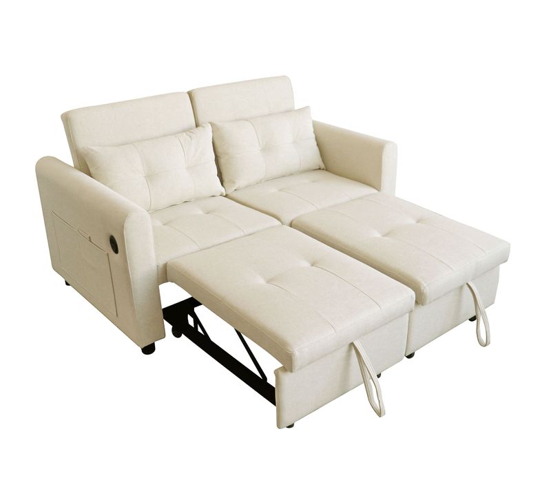 Canapé Convertible 3-en-1 Avec Dossier Réglable, USB Et Poches, Beige