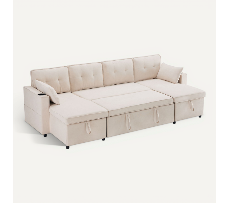 Canapé Lit En U Avec Rangements, Porte-gobelets Et Coussins S, Beige