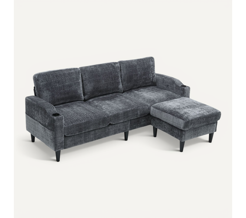 Canapé 4 Places En Velours Avec Pouf Coffre, Accoudoirs Avec Porte-gobelets Et Poches, Gris