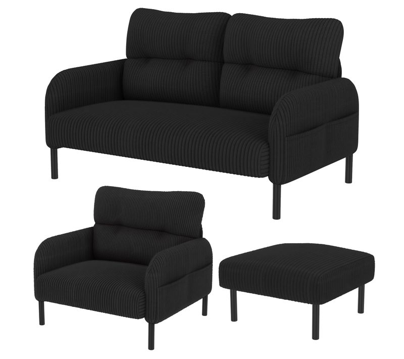 Ensemble Salon 3 pièces, Canapé 2 Places, Fauteuil Et Pouf En Velours Côtelé, Noir
