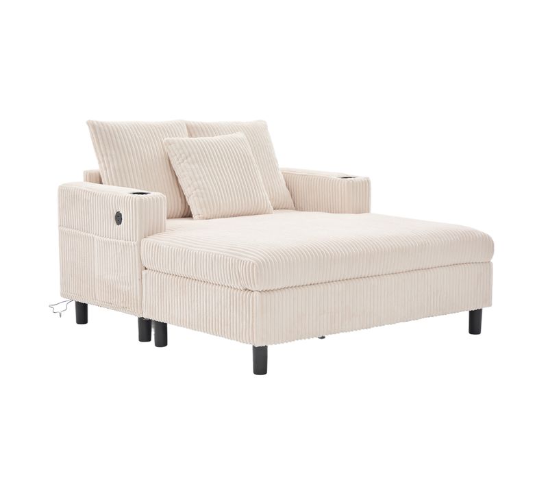 Canapé-lit De Salon Avec LED, Ports USB Et Porte-gobelets – Velours Côtelé Doux, Beige