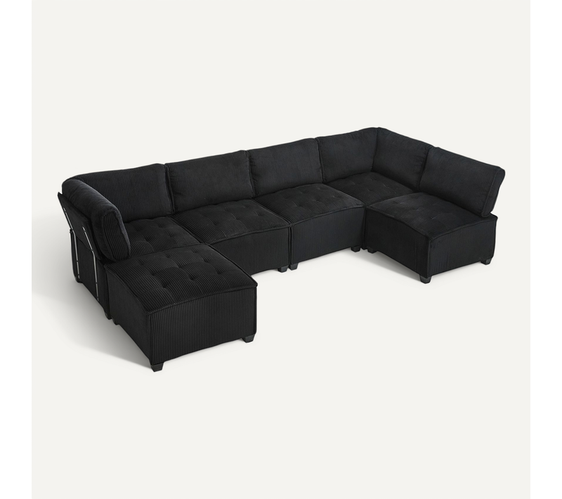Canapé Modulaire 6 Places En Tissu Côtelé Noir, Forme U/l Ou Convertible, 308 Cm