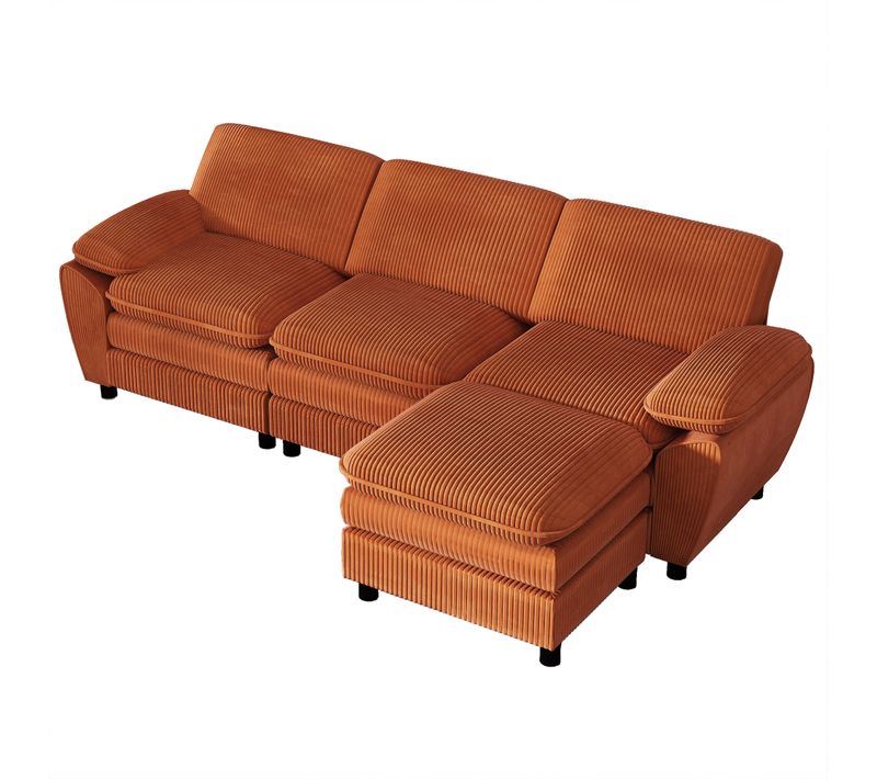 Canapé Modulaire 3 Places En Velours Avec Ottomane Amovible Et Coussins, Style Moderne, Orange