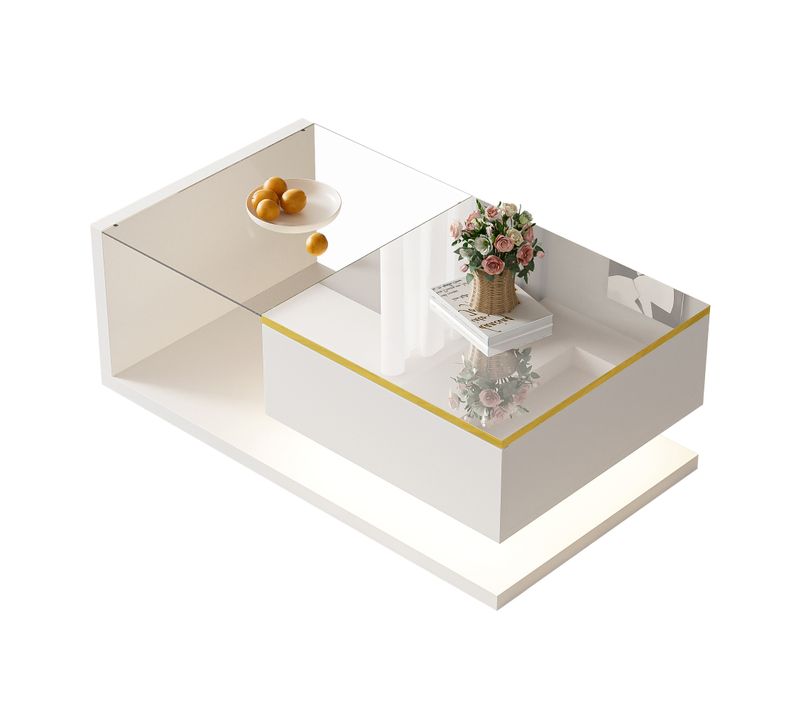 Table Basse Blanche 90 Cm Avec LED Et Plateau En Verre Trempé – Design Moderne Brillant