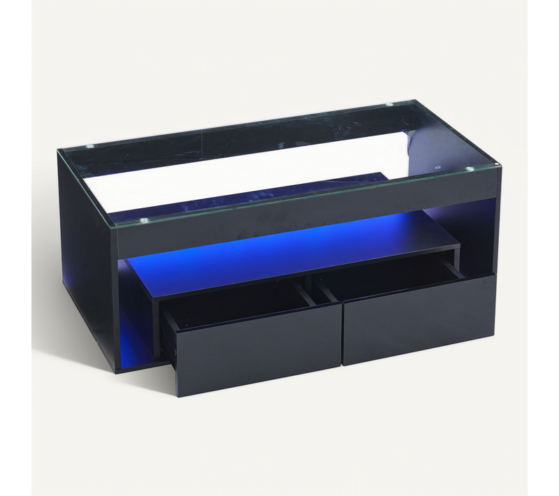 Table Basse Noire LED 16 Couleurs, 2 Tiroirs, Plateau Verre Trempé 100x50x40 Cm