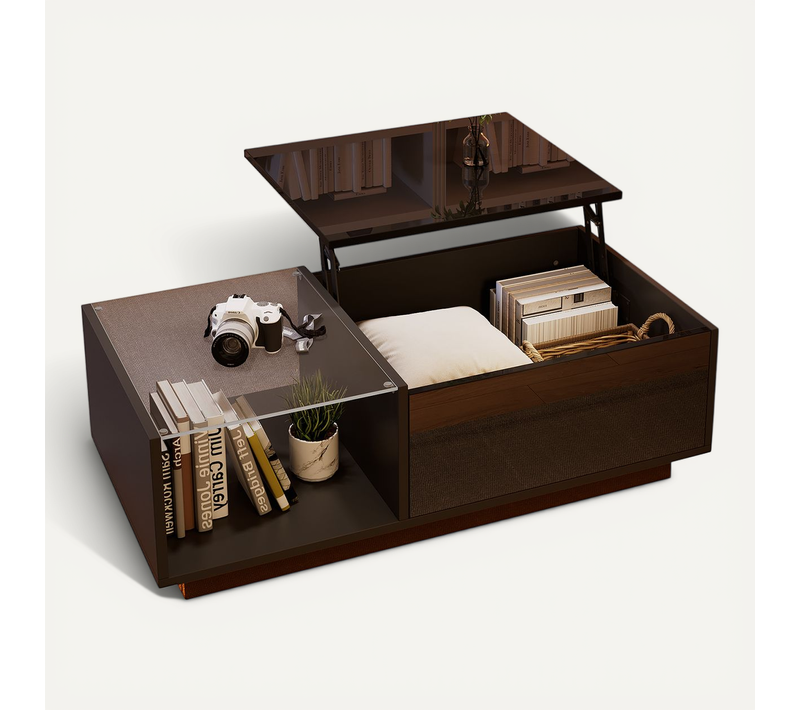 Table Basse LED Réglable Avec Rangement Caché, Plateau Relevable, Finition Brillante 100x50cm, Noir