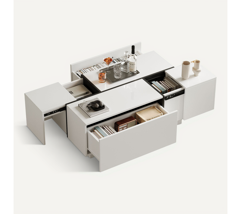 Table Basse Moderne Blance Et Blanche 100x60 Cm Avec 4 Tiroirs, Plateau Brillant