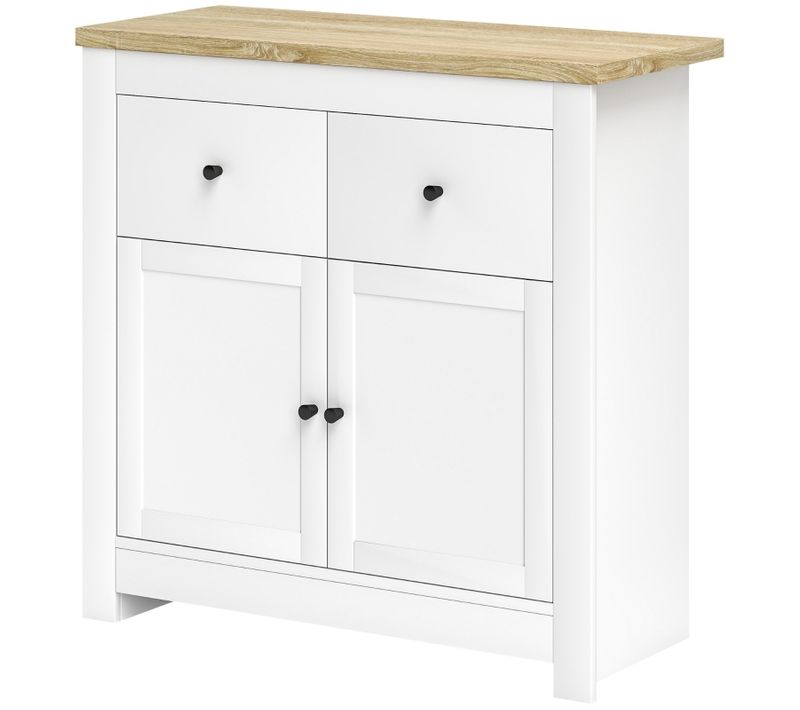 Buffet Blanc Moderne 2 Tiroirs Soft‑close Et Portes Doubles, Imitation Chêne