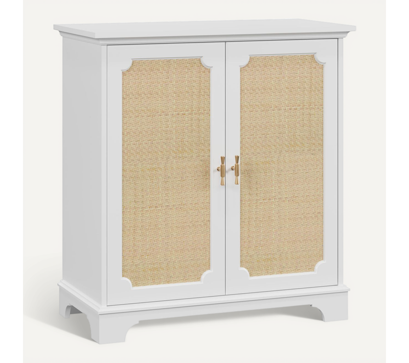 Buffet Bas En Bois Avec Portes En Rotin Naturel, Rangement Spacieux Et Pieds En Bois Massif