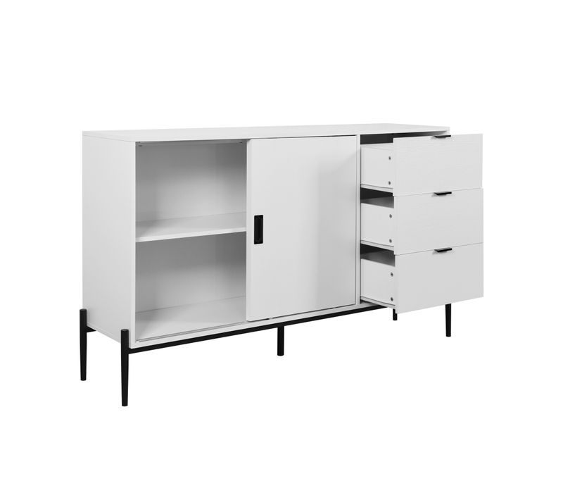 Buffet Blanc Avec Portes En Verre Cannelé Et 3 Tiroirs – Meuble D’entrée Ou De Cuisine Moderne