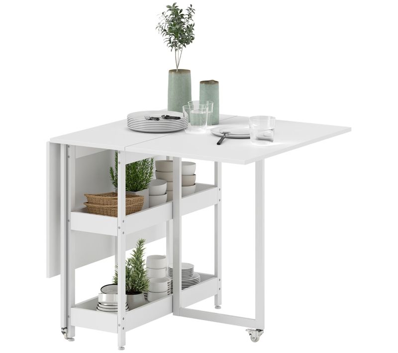 Table à Manger Pliante Avec 2 Étagères Ouvertes, Extensible 2-4 Personnes, Blanc 133x80 Cm