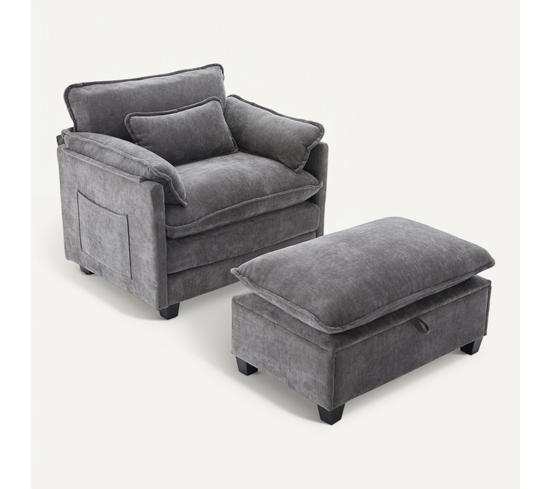 Fauteuil Lounge Moderne Surdimensionné Avec Repose-pieds Et Rangement, Tissu Chenille, Gris