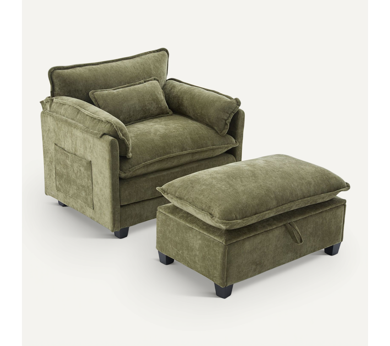 Fauteuil Lounge Moderne Surdimensionné Avec Repose-pieds Et Rangement, Tissu Chenille, Vert Olive
