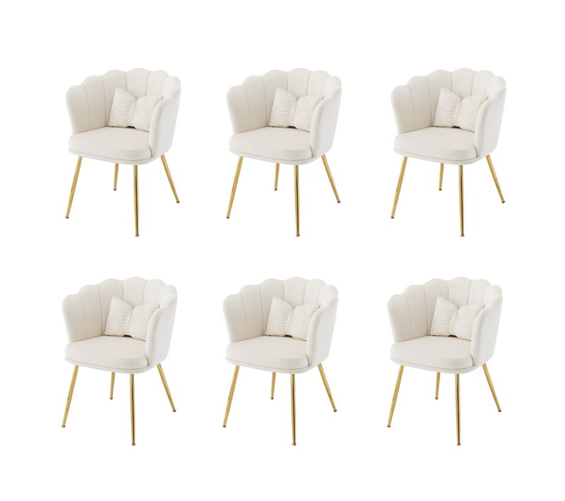 Fauteuil Moderne En Velours Avec Dossier Pétale Et Pieds Dorés Pour Salon, Lot De 6, Beige