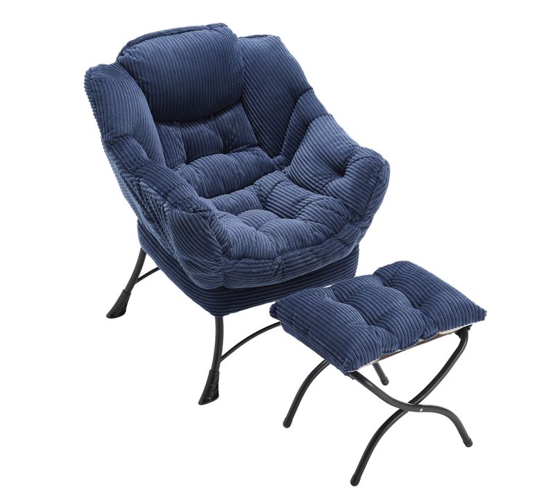 Fauteuil Lounge Paresseux Avec Repose-pieds, Accoudoirs Et Poche Latérale, Bleu Marine