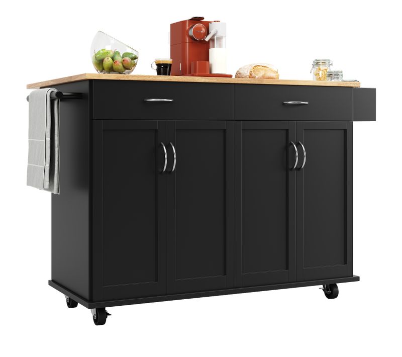 Îlot De Cuisine Multifonction Noir Avec Plateau Rabattable Et Rangements, 106×50×90,5 cm