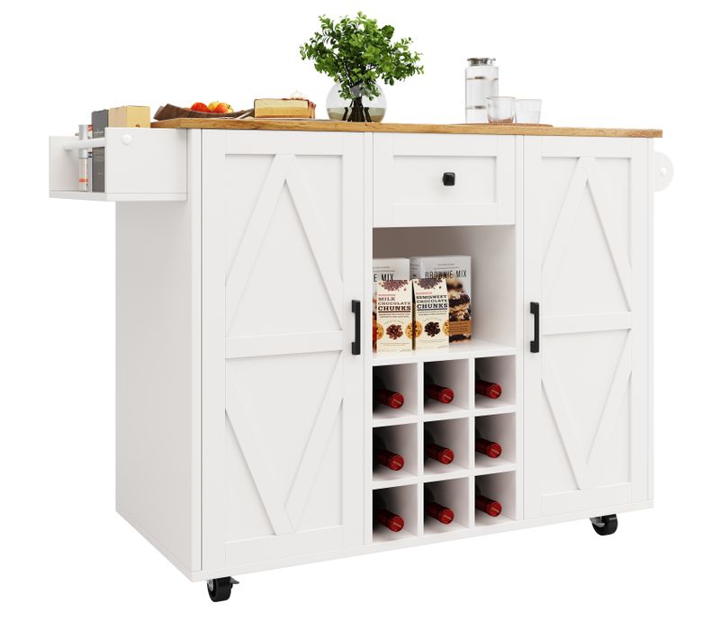 Îlot De Cuisine Noir Avec Plateau Rabattable, Rangement Modulable Et Roulettes, 137×40×95,6 cm