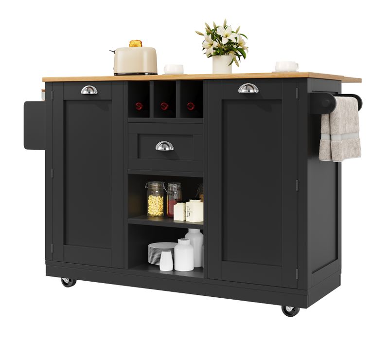 Îlot De Cuisine Mobile Avec Plan De Travail, Rangement Vin Et Porte-serviettes, Noir